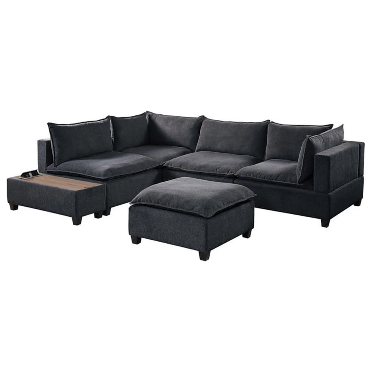 Blissful Nights Dark Gray Fabric 6 Piece Modular Sectional Sofa with Ottoman and USB Storage Console Table
