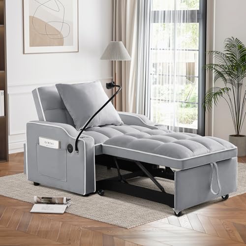 Convertible Sleeper Sofa Bed, 3 in 1 Velvet Pull Out Loveseat Couch Modern Comfy Futon Sofa with Adjustable Backrest & Phone Holder & USB Charging Space Saving for Living Room, Small Apartment, Grey