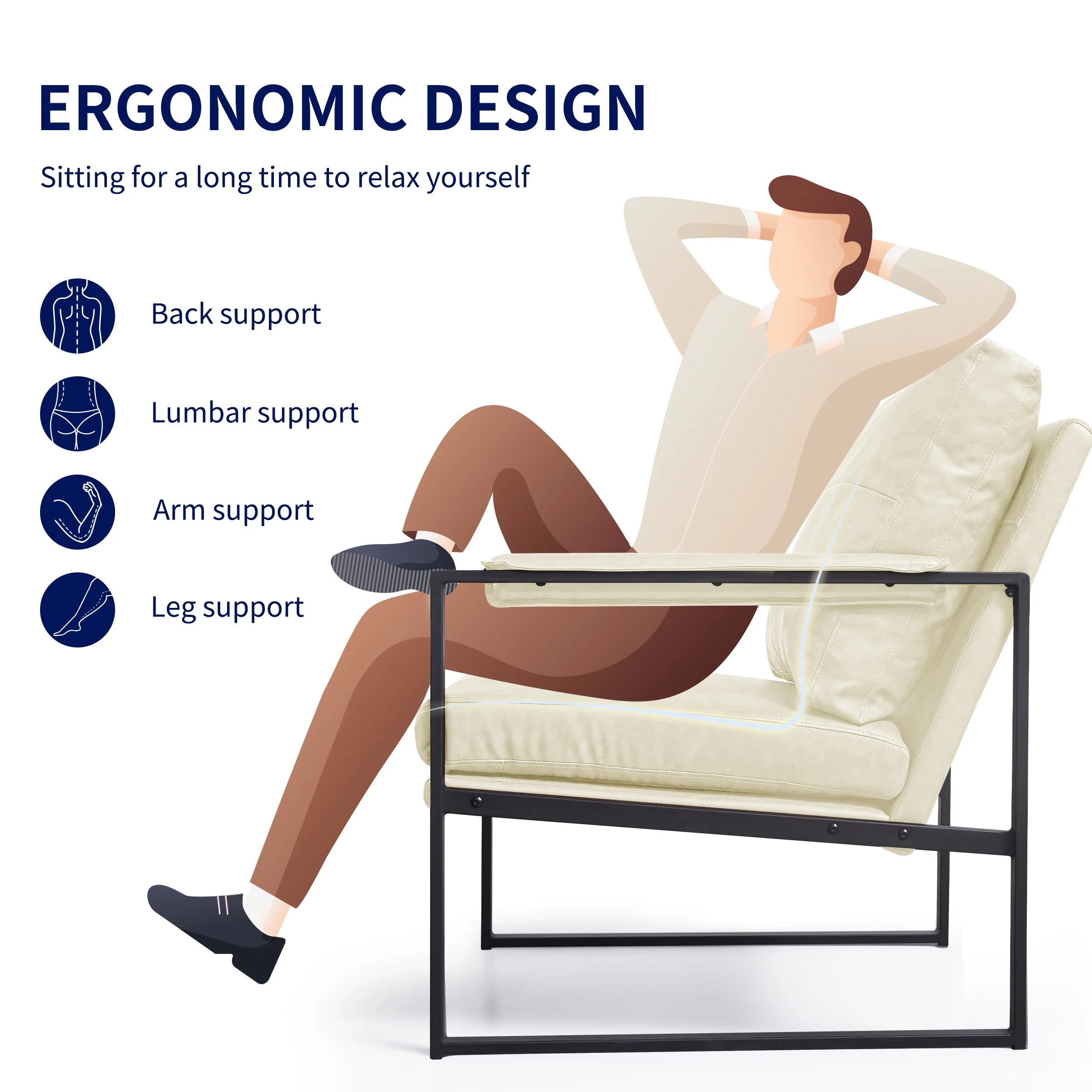 Subrtex Upholstered Modern Accent Chair with Metal Frame, Cream PU Leather