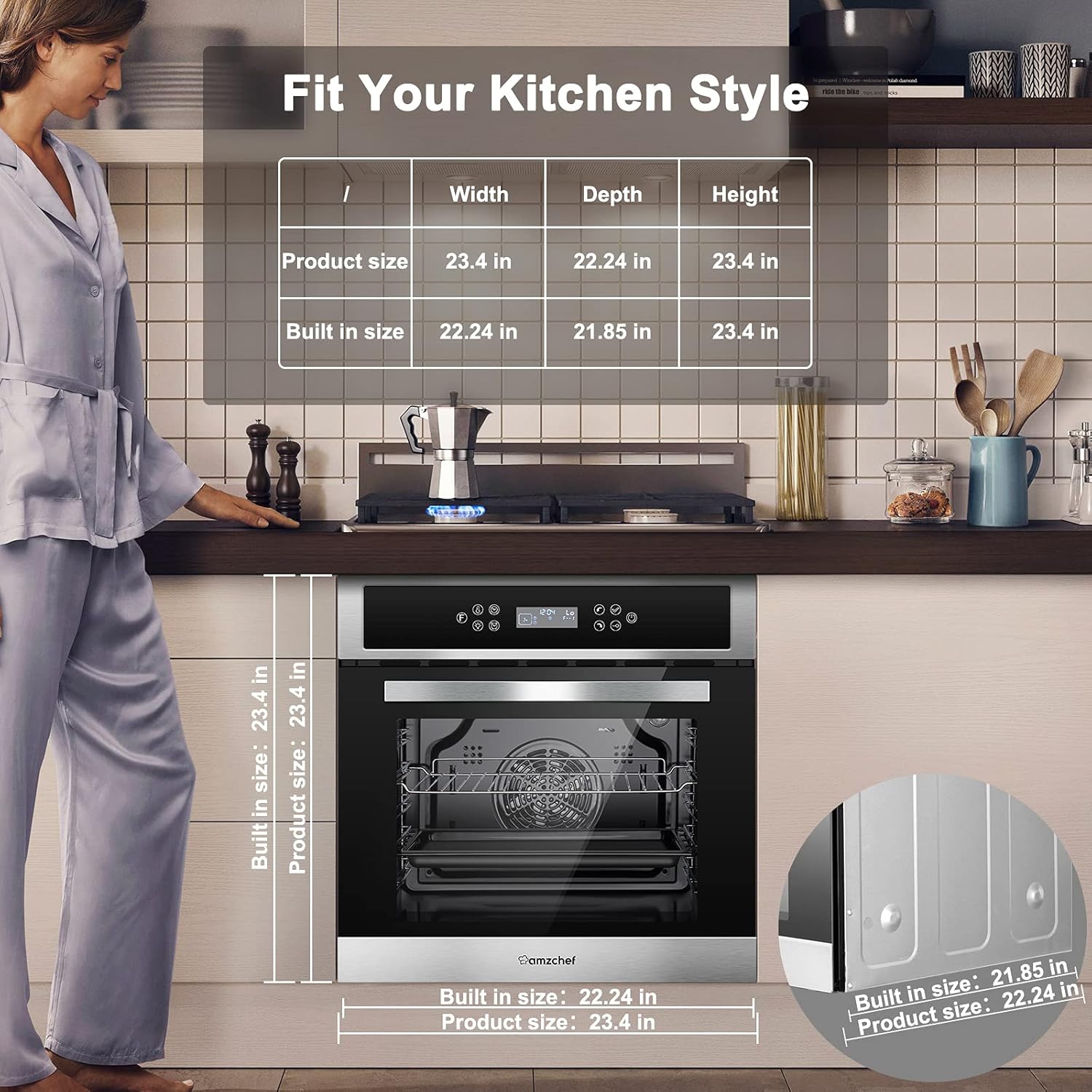 AMZCHEF Single Wall Oven 24" Built-in Electric Ovens with 11 Functions, 8 Automatic Recipes, 2800W, 240V, 2.5Cu.f Convection Wall Oven in Stainless Steel, Touch Control, Timer, Safety Lock