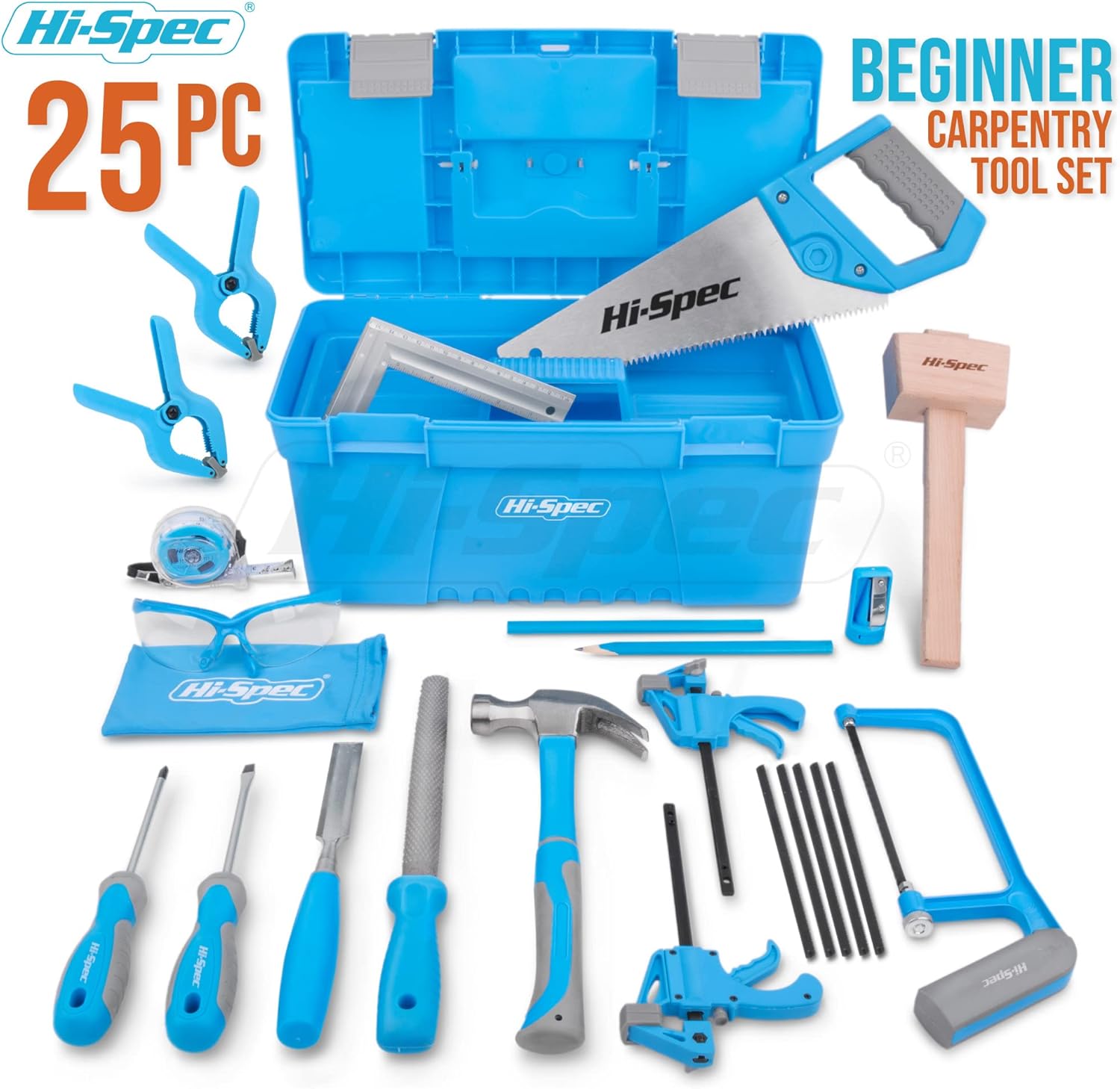 Hi-Spec 25 Piece Blue Beginners Tool Kit Set with Tool Box. Complete Carpentry Hand Tools for Kids and Adult DIY Starters Pack of 2