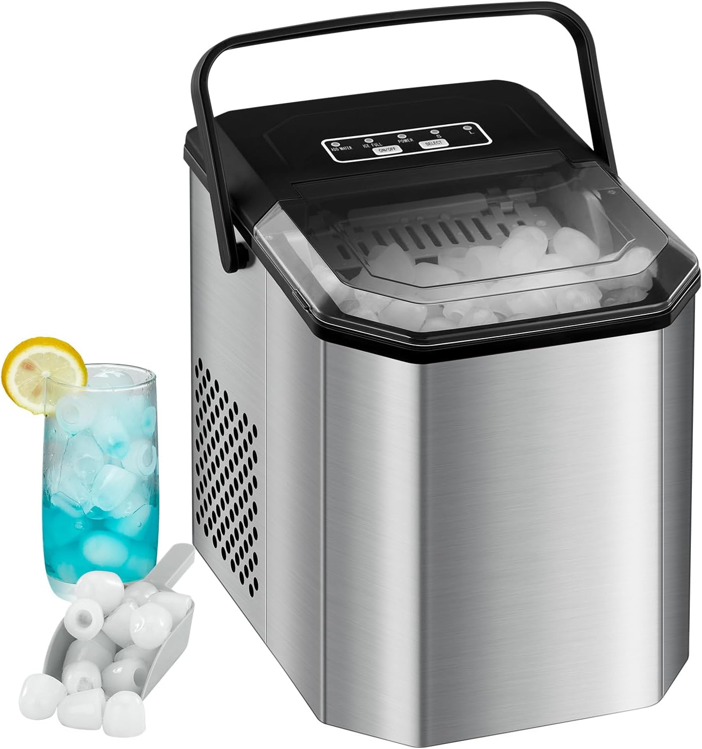 Countertop Ice Maker, 26 lbs in 24 Hrs, 9 Cubes Ready in 6 Mins with Ice Scoop and Basket, Portable Ice Cube Maker Self-Cleaning, 2 Sizes of Bullet Ice for Home Kitchen Office Bar Party