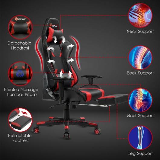 Costway Massage Racing Gaming Chair Chair with RGB LED Lights-Red