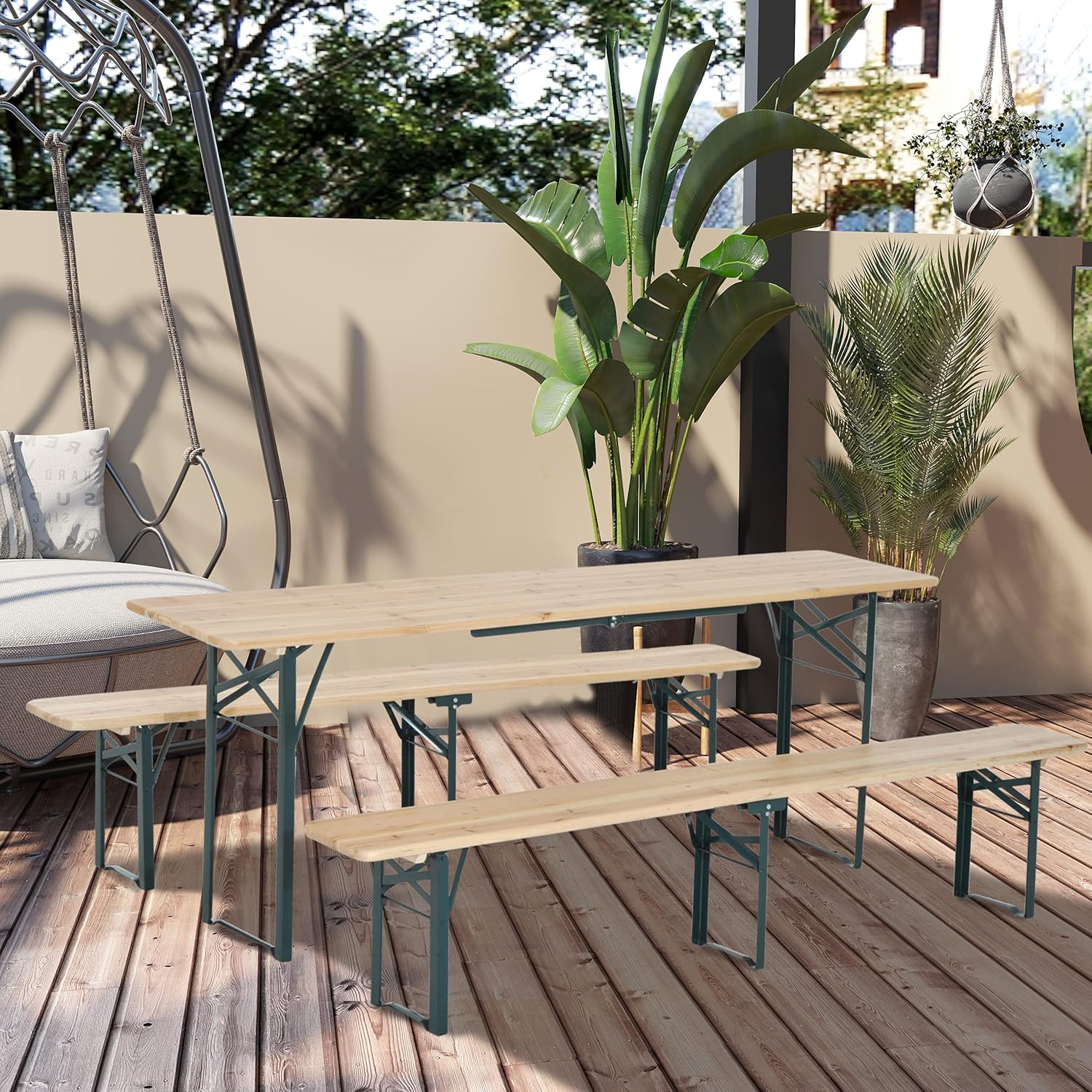 Outsunny 7' Wooden Outdoor Folding Patio Camping Picnic Table Set Large Beer Table Set with Bench and Easy Set Up for Backyard Poolside Dining Party
