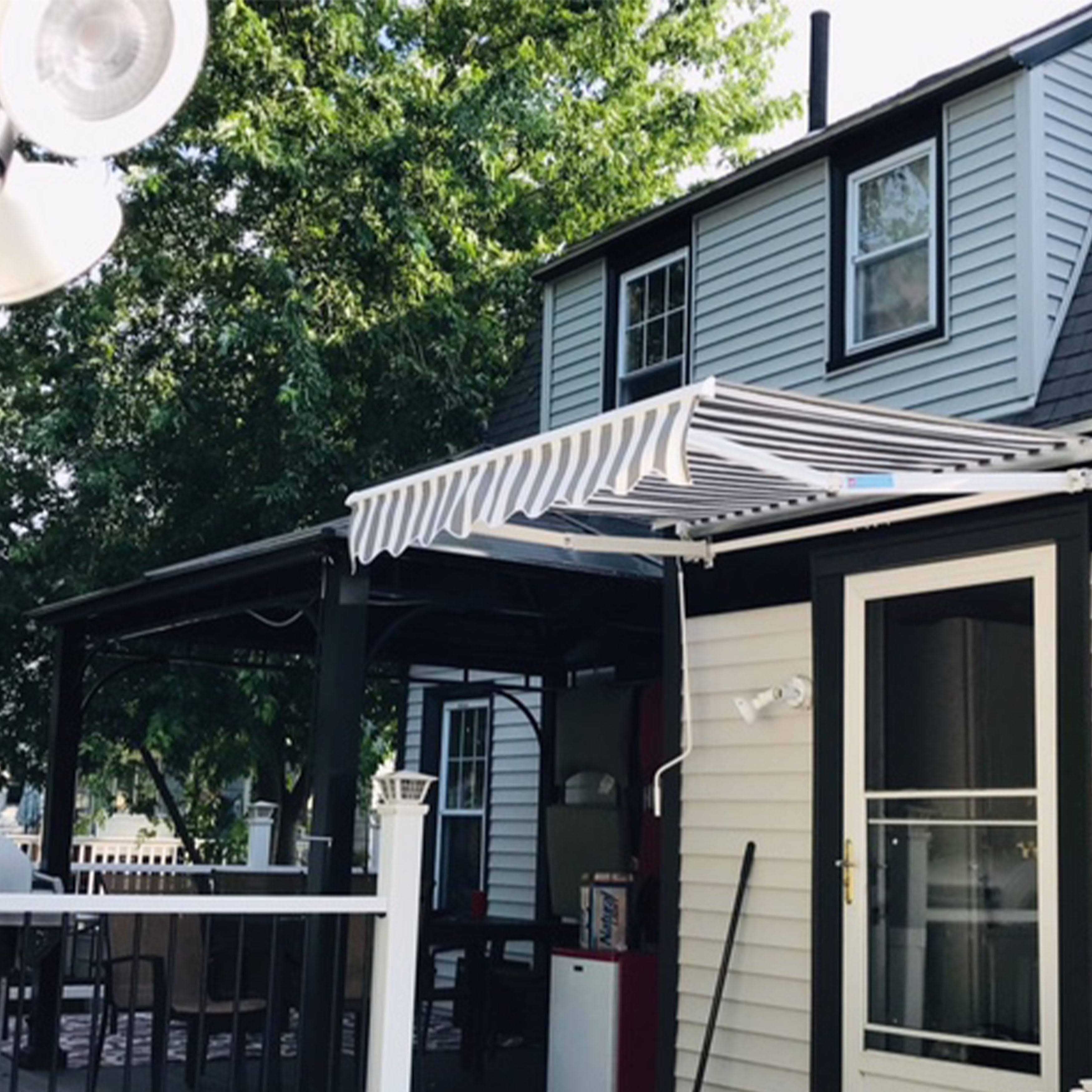 Aleko AWM12X10GREYWHT Retractable Motorized Patio Awning 12 x 10 Feet Gray and White Striped