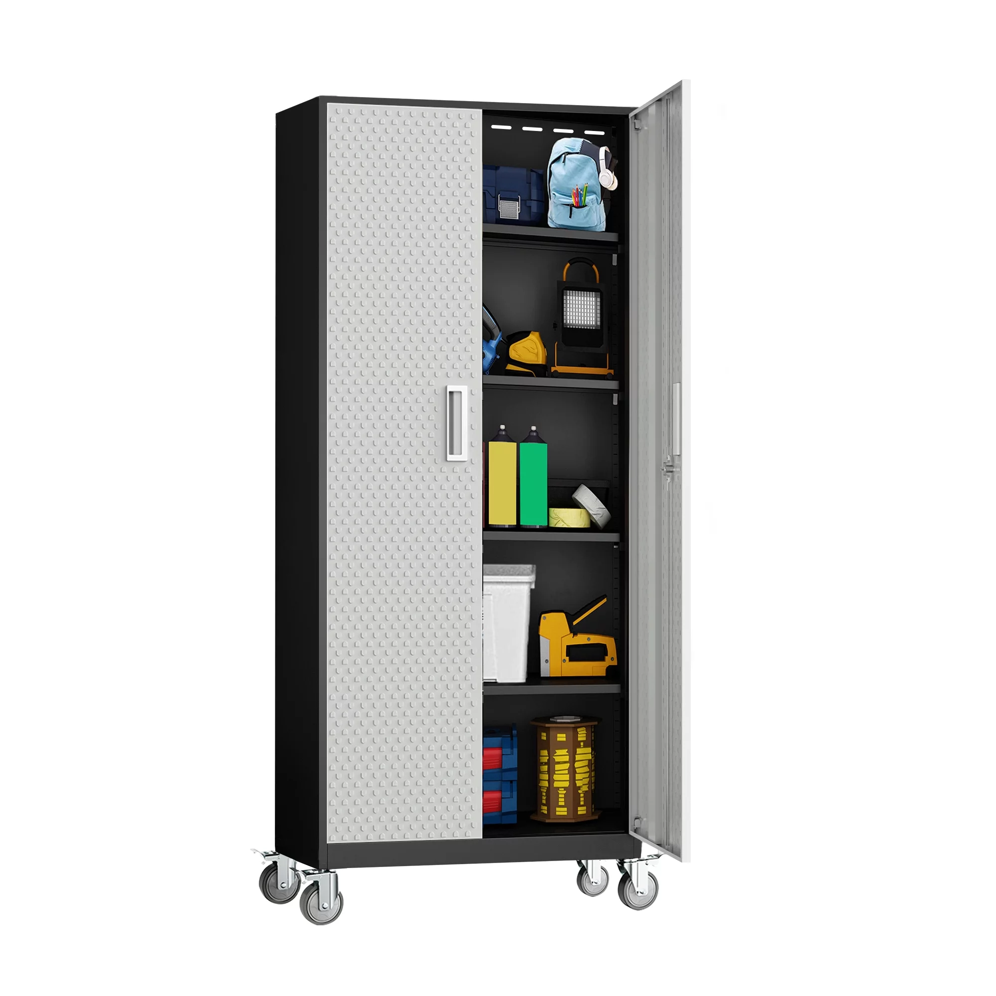 Tall Metal Storage Garage Cabinets with Wheels Locking Doors and 4 Adjustable Shelves, Double Handles, Steel Storage Cabinet for Garage, Office, Bedroom,Classroom, School,Gym (Gray with Pulleys)
