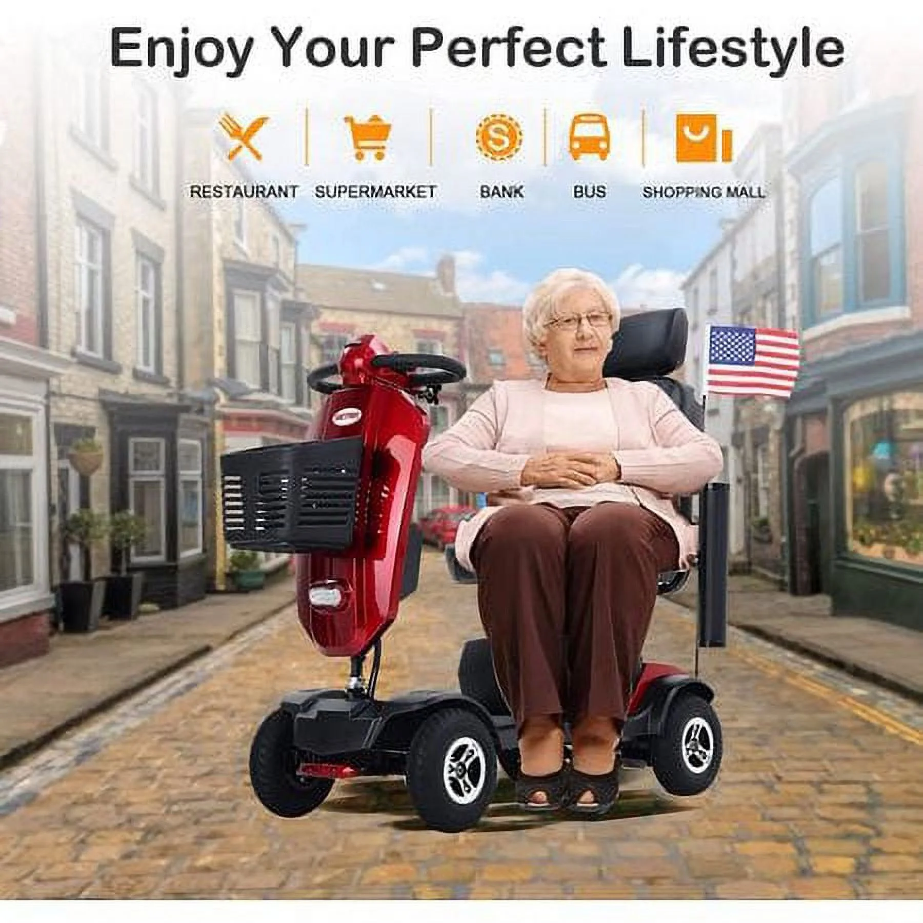 Mobility Scooter 4 Wheels LED Lights USB Port Extra Long Range for Seniors Adults Red