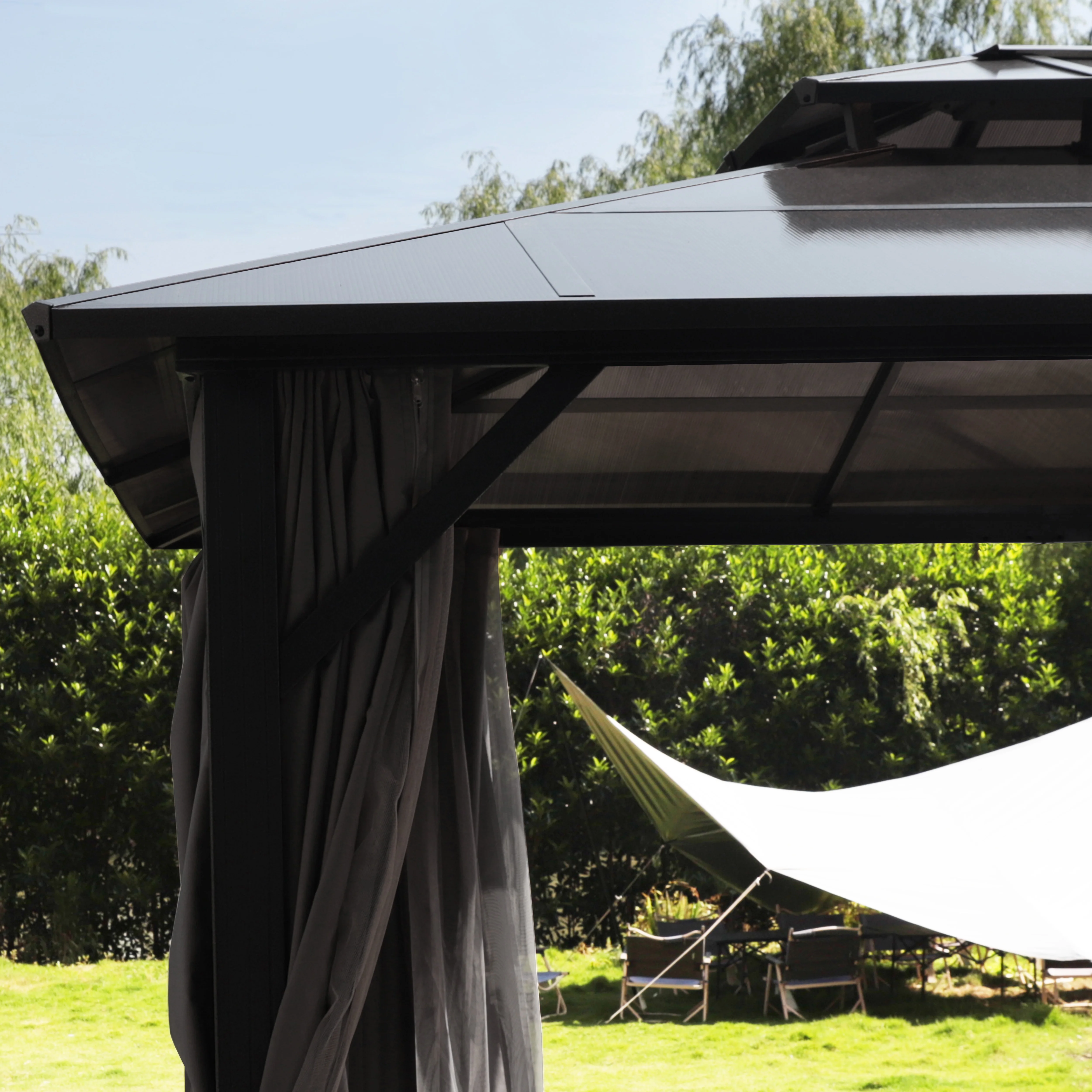 VEIKOUS 10ft x 13ft Outdoor Double Roof Gazebo w/ Netting & Curtains - Aluminum Frame Permanent Pergola for Garden Patio Lawns Parties - Curated Treasures Market