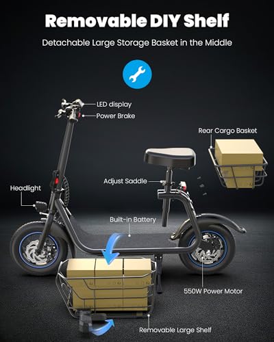 Electric Scooter with Seat for Adults, 550W Powerful Motor, 20-Mile Range, Speed up to 18.6MPH, Ample Storage for Pets & Cargo, Electrically-Powered Motor Scooters