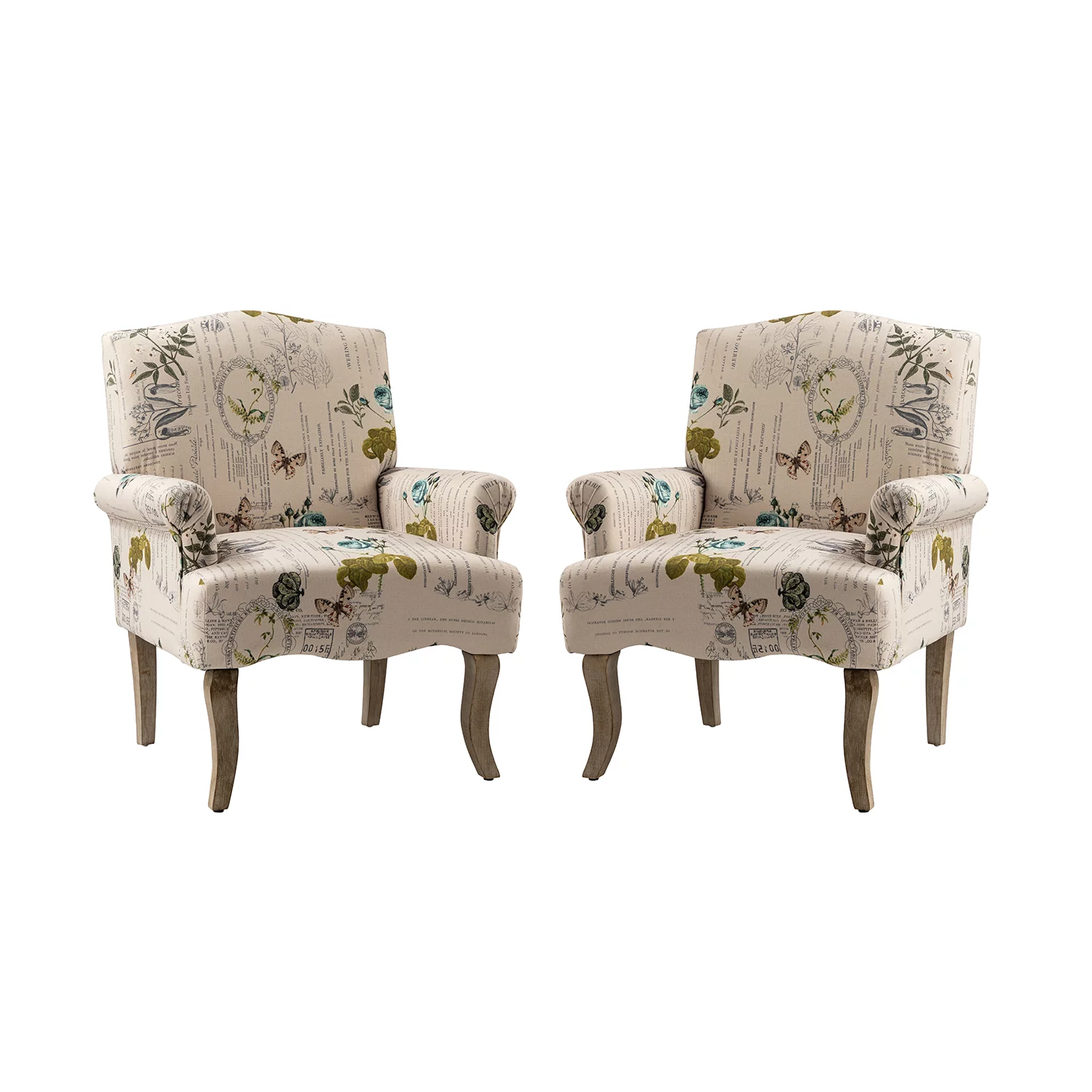 Upholstered Armchair Set of 2 with Unique Pattern & Retro Wooden Legs Adult, Floral