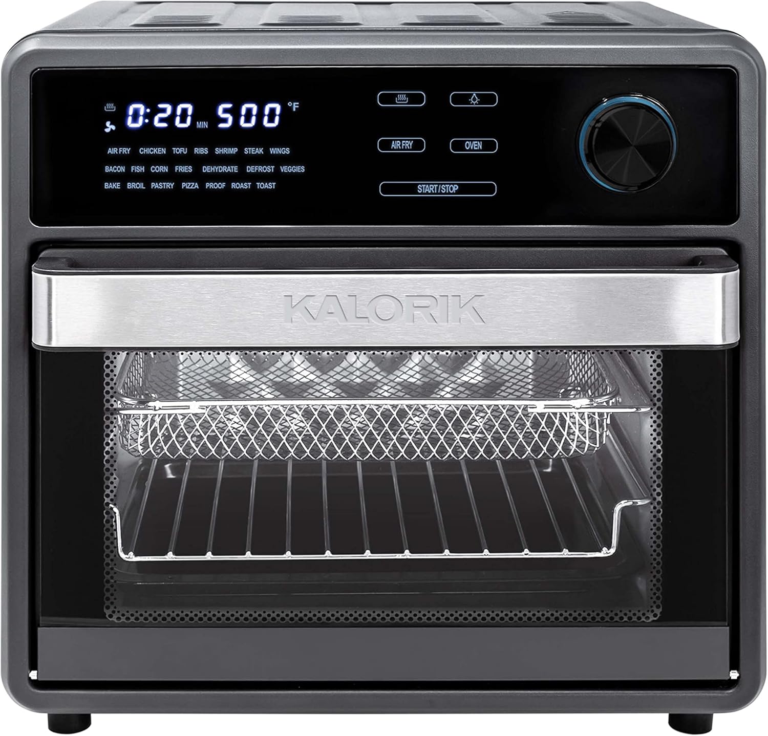 Kalorik MAXX® Touch 16 Quart Air Fryer Oven, 9-in-1 Air Fryer Toaster Oven Combo, 21 presets, 500°F, 5 Accessories, Recipe Book, 1600W, Black Stainless Steel, AFO 47804 BK