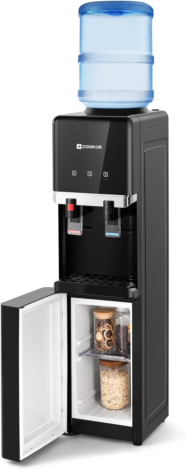 COSVALVE Water Cooler Dispenser, 5 Gallon Top Loading Hot/Cold Water Cooler,Compression Refrigeration w/Child Safety Lock,Storage Cabinet for Home Office, Apartment