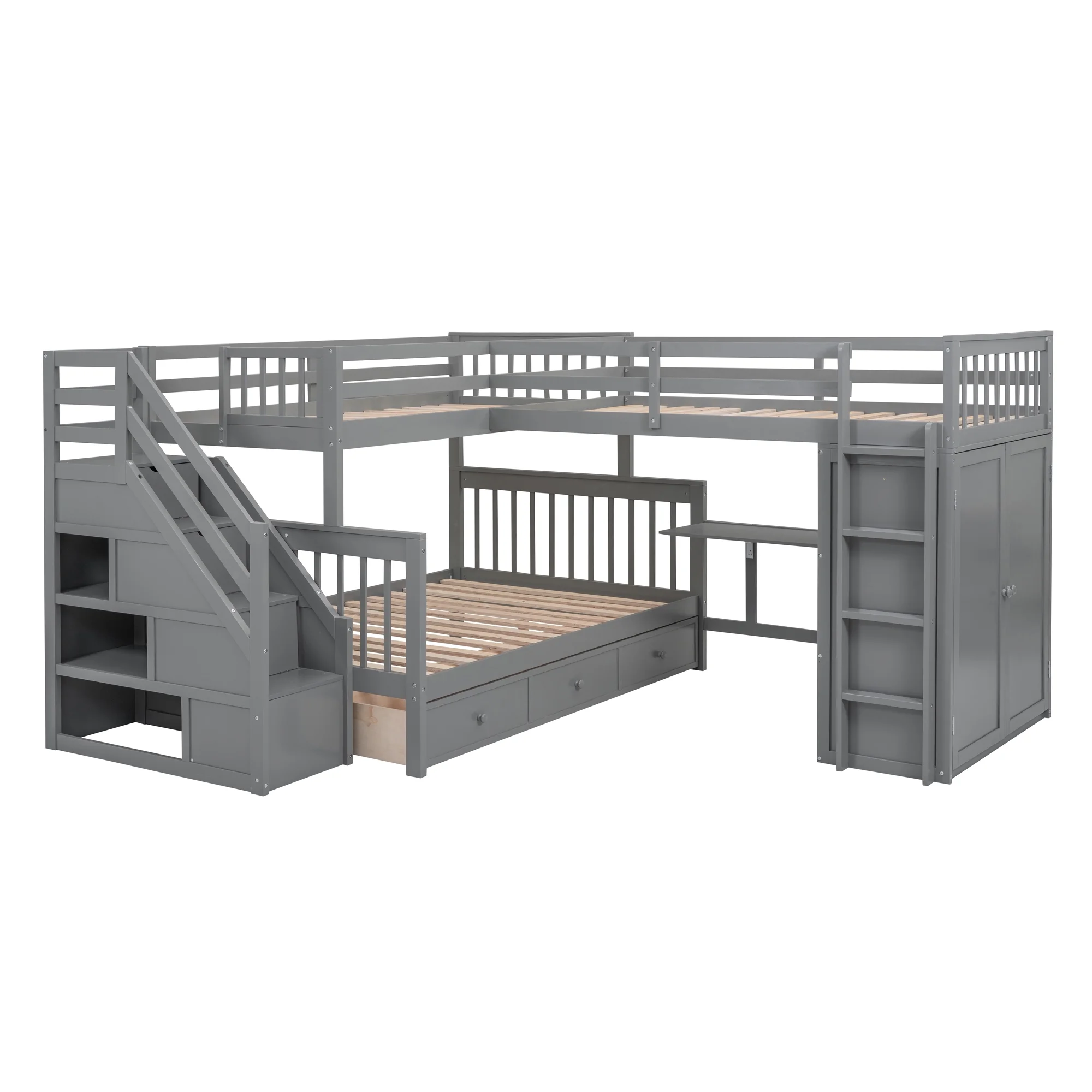 Churanty Twin-Twin Over Full L-Shaped Bunk Bed with Wardrobe Space,Solid Wood Staircase Bunk Bed with Portable Desk,Gray