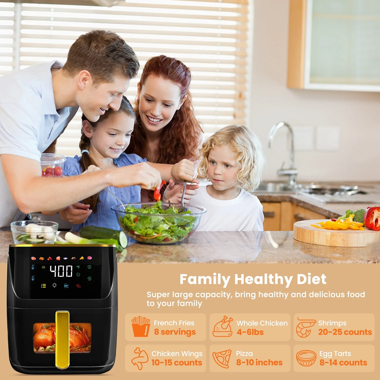 Newest Air Fryer Large 8.5 QT, White, 8 in 1 Touch Screen, Visible Window, 1750W