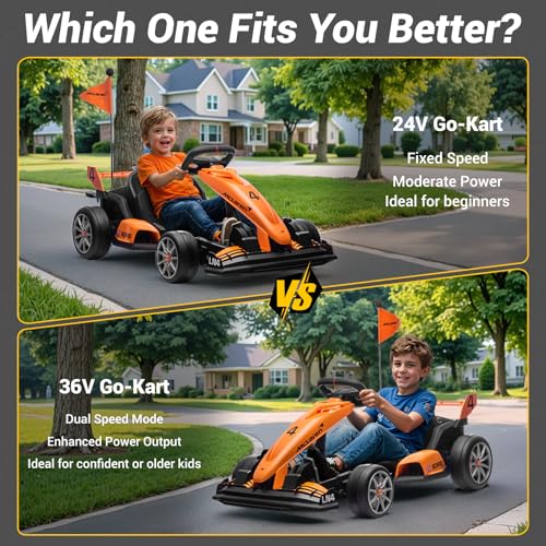 Electric Go Kart, Licensed Mclaren Drift Kart, Length Adjustment, LED Light, Crazy Cart for Kids Ages 6+, 400W Motor, Max Loads 130 LBS (Orange 24V)