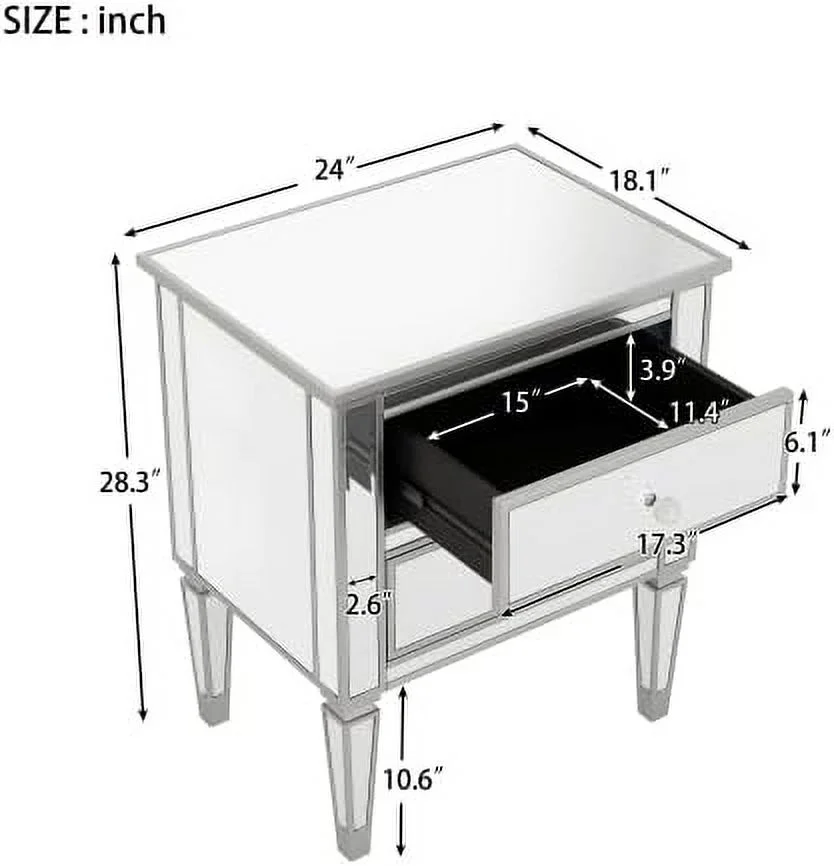 Mirrored Nightstand with 2 Drawers  Accent Side Table with Crystal Knobs  Modern End Table  Silver Finished Nightstand for Bedroom  Living Room