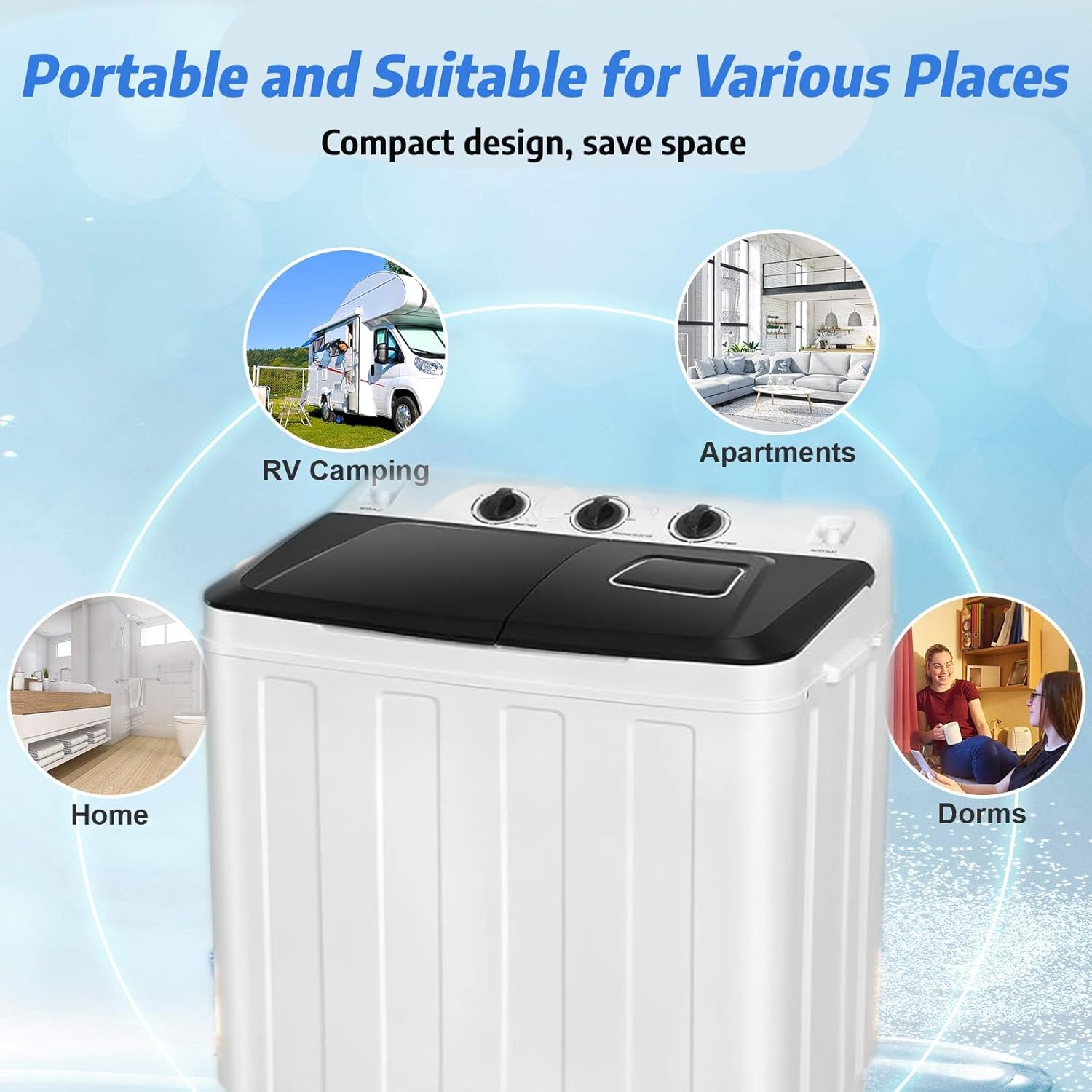 Nictemaw Portable 30Lbs Twin Tub Washing Machine Washer and Dryer Combo, 2 In 1 Compact Laundry Washer (19Lbs) and Spinner (11Lbs) with Built-in Drain Pump for Apartment Dorms RV, Black+White