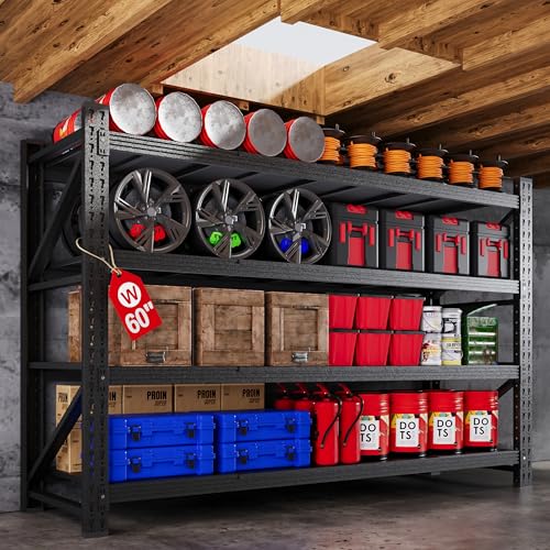 71” W Storage Shelves Heavy Duty, 5000LBS Metal Garage Shelving Units, 4 Tier Storage rack shelf, Steel Industrial Shelving , Adjustable Standing Shelf for Basement/Warehouse 71"W x 24"D x 70"H, Black