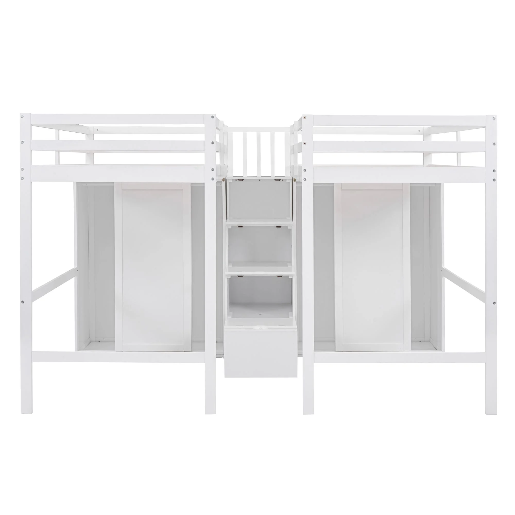 Double Twin Loft Bed, Solid Wood Loft Bed with Wardrobes and Staircase, Modern Storage Loft Bed with Storage Stairs and Shelves for Boys Girls Teens, Space Saving