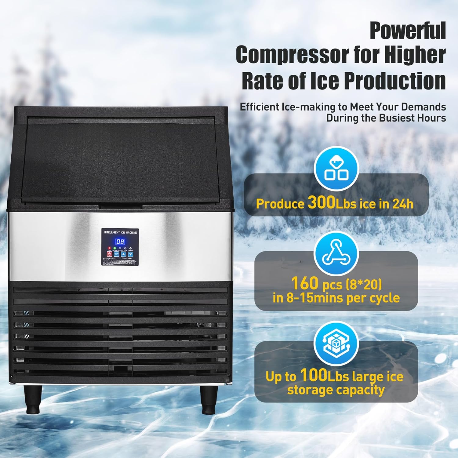 Upgraded Commercial Ice Maker Machine, 300Lbs/24h with 100lbs Storage Bin/Ice Scoop/Blue Light, Freestanding Ice Machine for Home, Restaurants, Bars, 500W