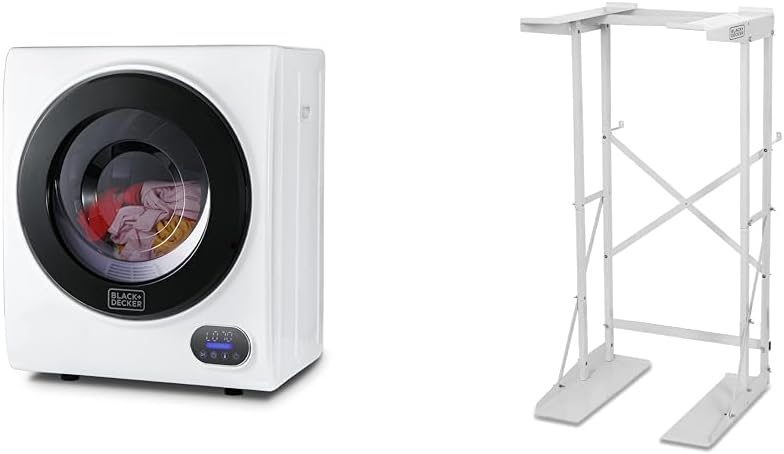 BLACK+DECKER Compact Clothes Dryer, 1.5 Cu. Ft. 850W Electric Dryer, 120V Vented Portable Dryer & BWDS Washer Dryer Stacking Rack Stand, White