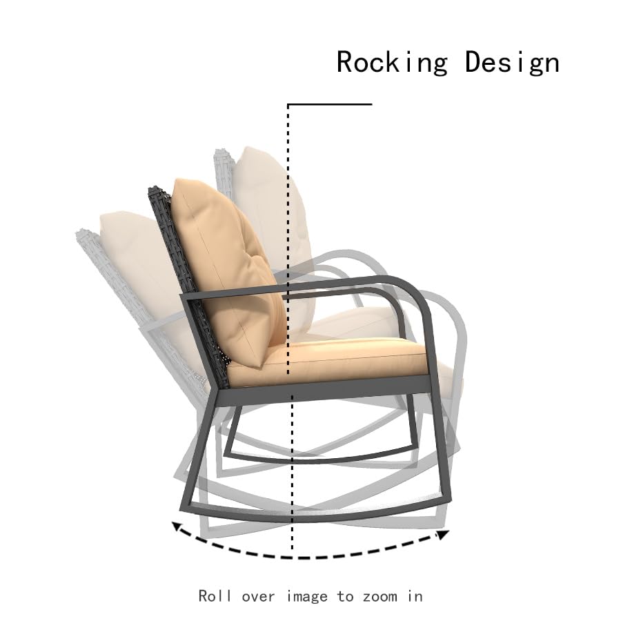 3 Piece Rocking Bistro Patio Set, Outdoor Rocking Chair, Outdoor Bistro Sets Wicker Patio Furniture Rocking Chairs Sectional Couch with Tempered Glass Top Coffee Table & Cushions, Dark Blue