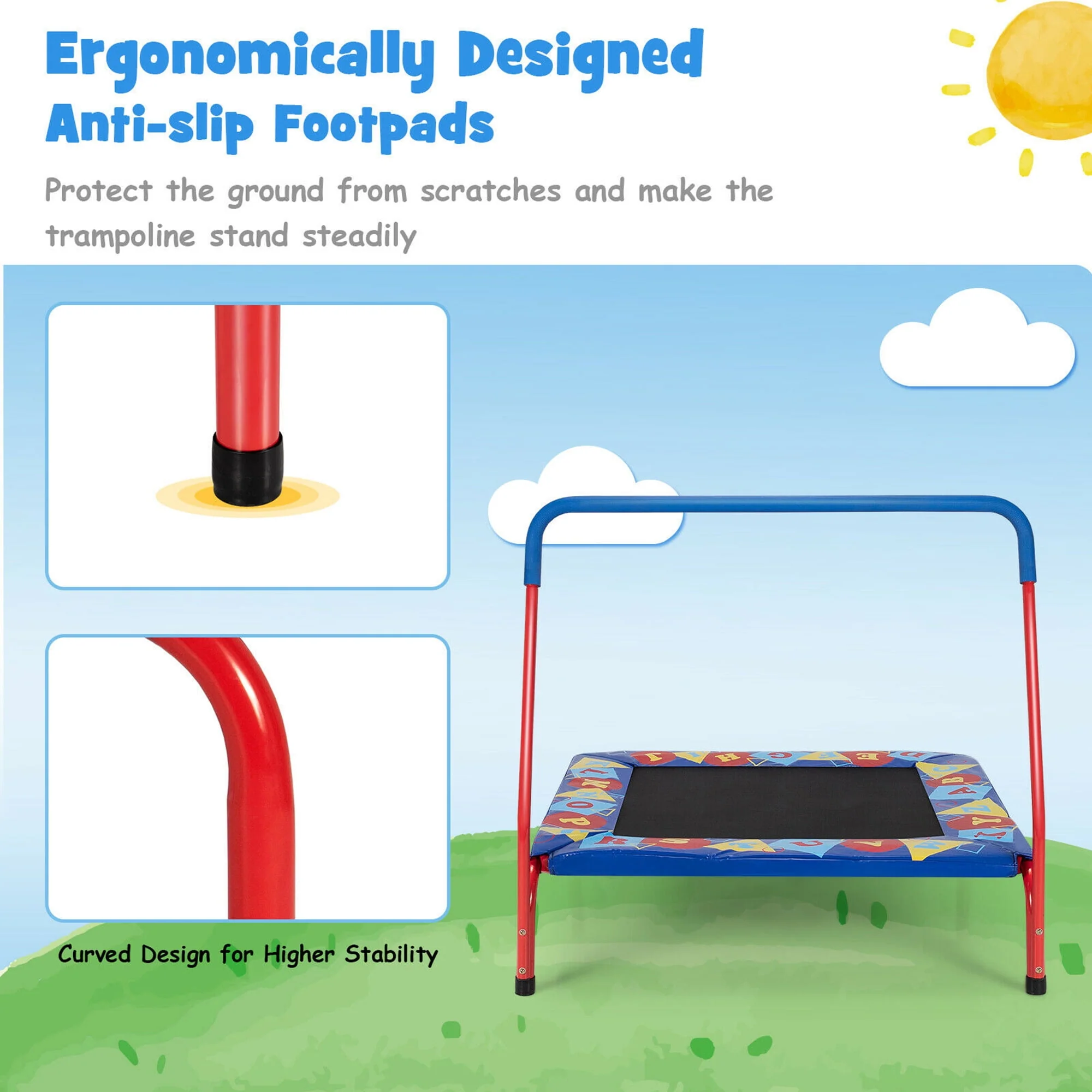 Gymax 36'' Kids Square Trampoline Indoor Outdoor Rebounder W/Foam Handrail Alphabet Pad