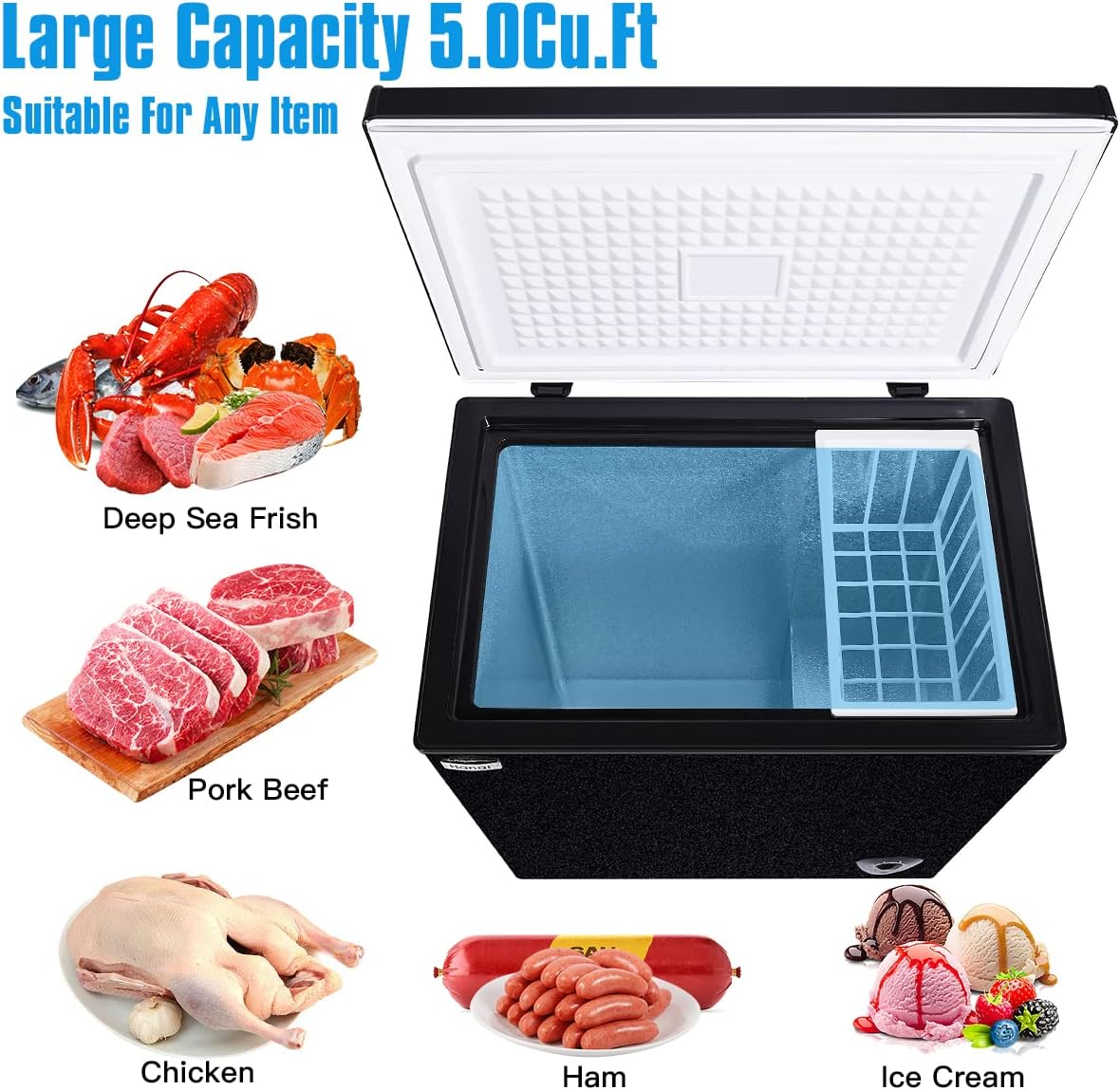 Deep Freezer Chest Freezer WANAI 5.0 Cubic Small Deep Freezer with Top Open Door and Removable Storage Basket, 7 Gears Temperature Control, Energy Saving, for Office Dorm or Apartment