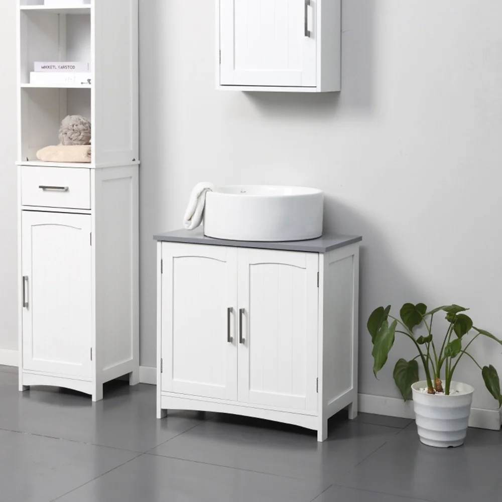 Pedestal Sink Storage Cabinet, Under Sink Cabinet with Double Doors, White-AS