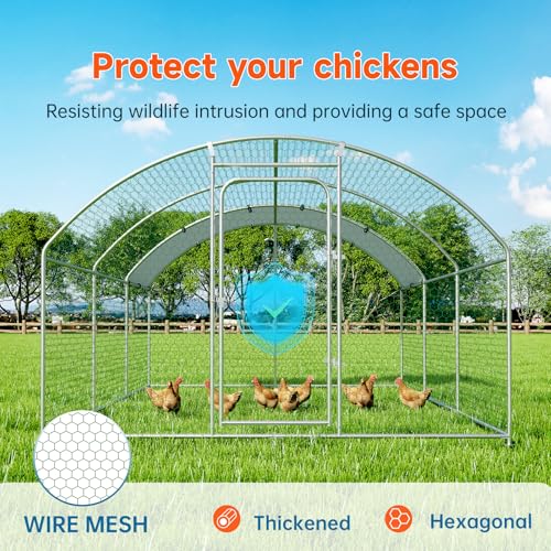 Large Metal Chicken Coop, Chicken Run Poultry Cage Hen with Water-Resident and Anti-UV Cover for Duck Rabbit House Outdoor Walk-in Chicken Pen for Yard, Dome Roof(10’ W x 19.7’ L x 6.4’ H)