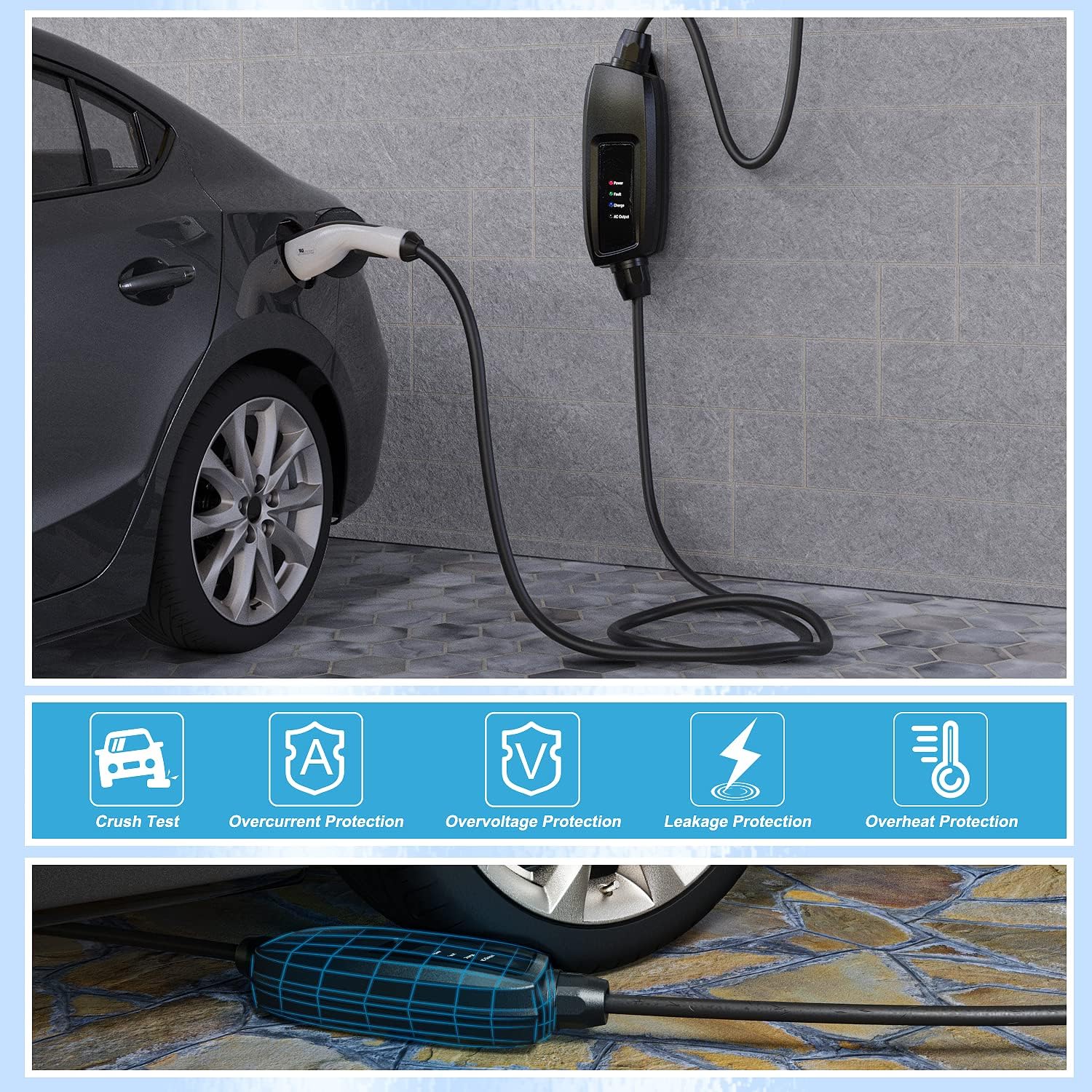 MEGEAR Level 2 EV Charger(240V, 16A, 25ft), Portable EVSE Home Electric Vehicle EV Charging Station (NEMA 10-30 Plug)