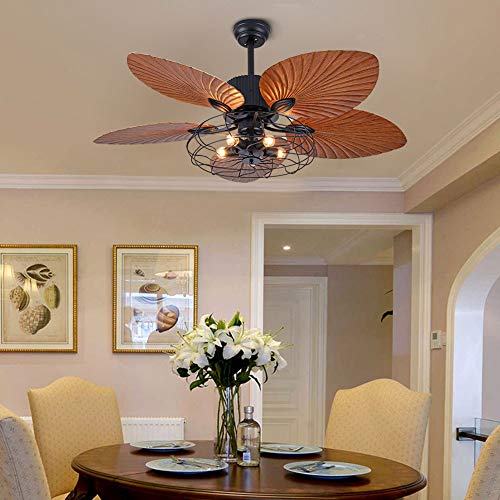 TOWOHIPPKI 52'' Tropical Ceiling Fans with 5 Palm Leaf Blades, 52 Inch Palm Leaf Fanlight with with Light and Remote, Hand-Carved Reversible Blades Chandelier Fan For Living Room Bedroom