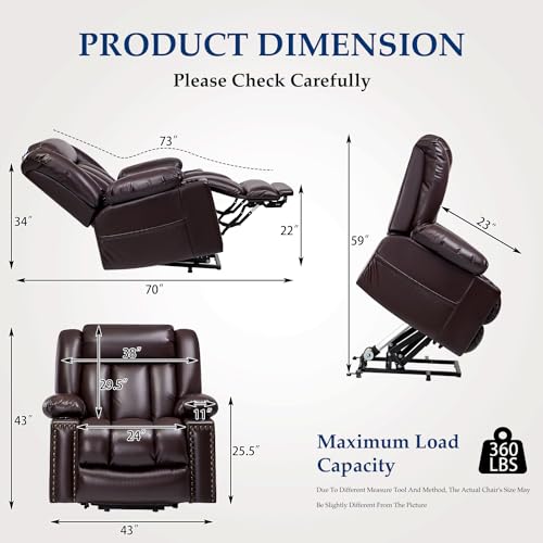 Large Power Lift Chairs Recliners for Elderly with Heated and Massage, Overstuffed Adjustable Lift Chairs, 3 Positions, Breathable Leather, USB-A and USB-C, Cup Holder, Side Pocket Dark Brown