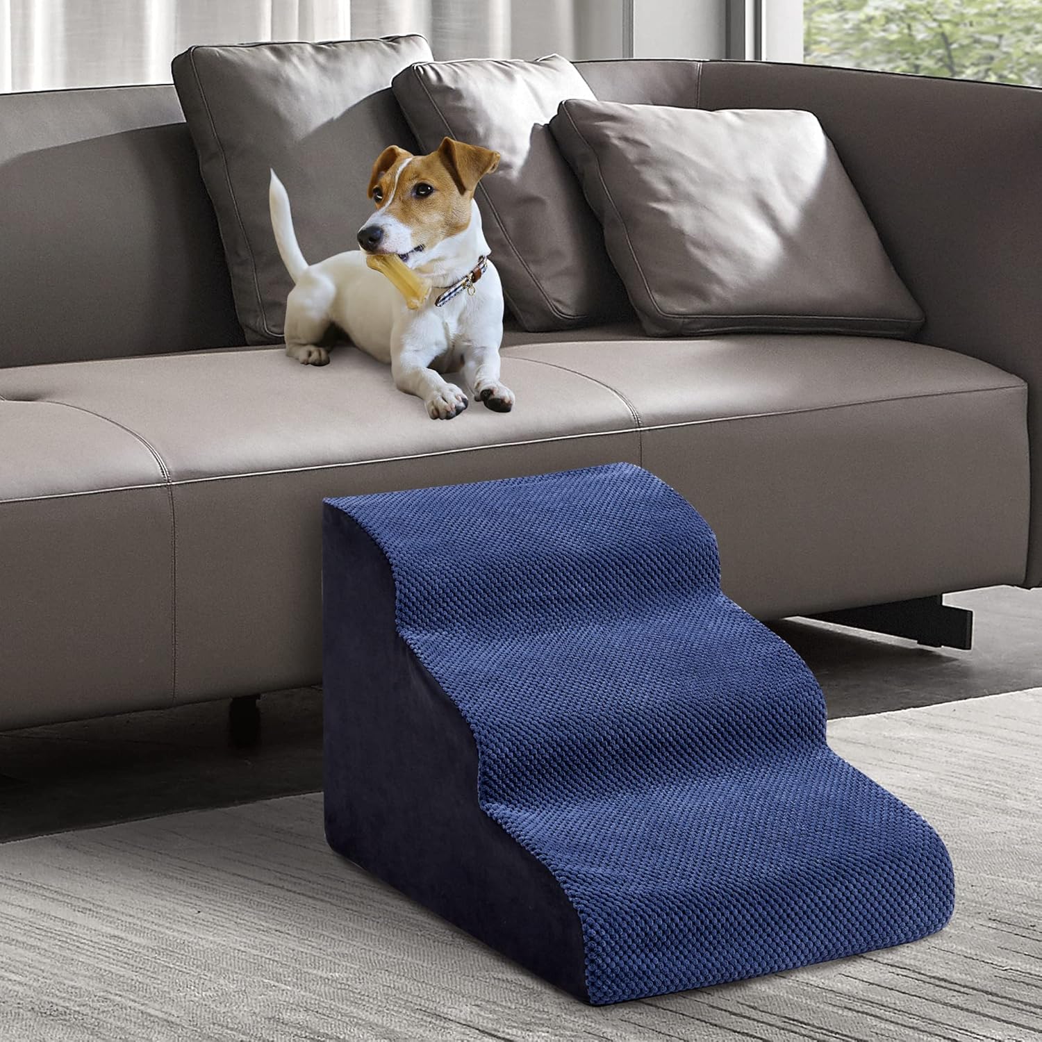 MALOROY 2 Tiers Foam Dog Ramps, Dog Ladder Pet Ramp Stairs Non-Slip Pet Step for Older Dogs and Pets with Joint Pain, Sofa Bed Ladder for Cats（Navy Blue）