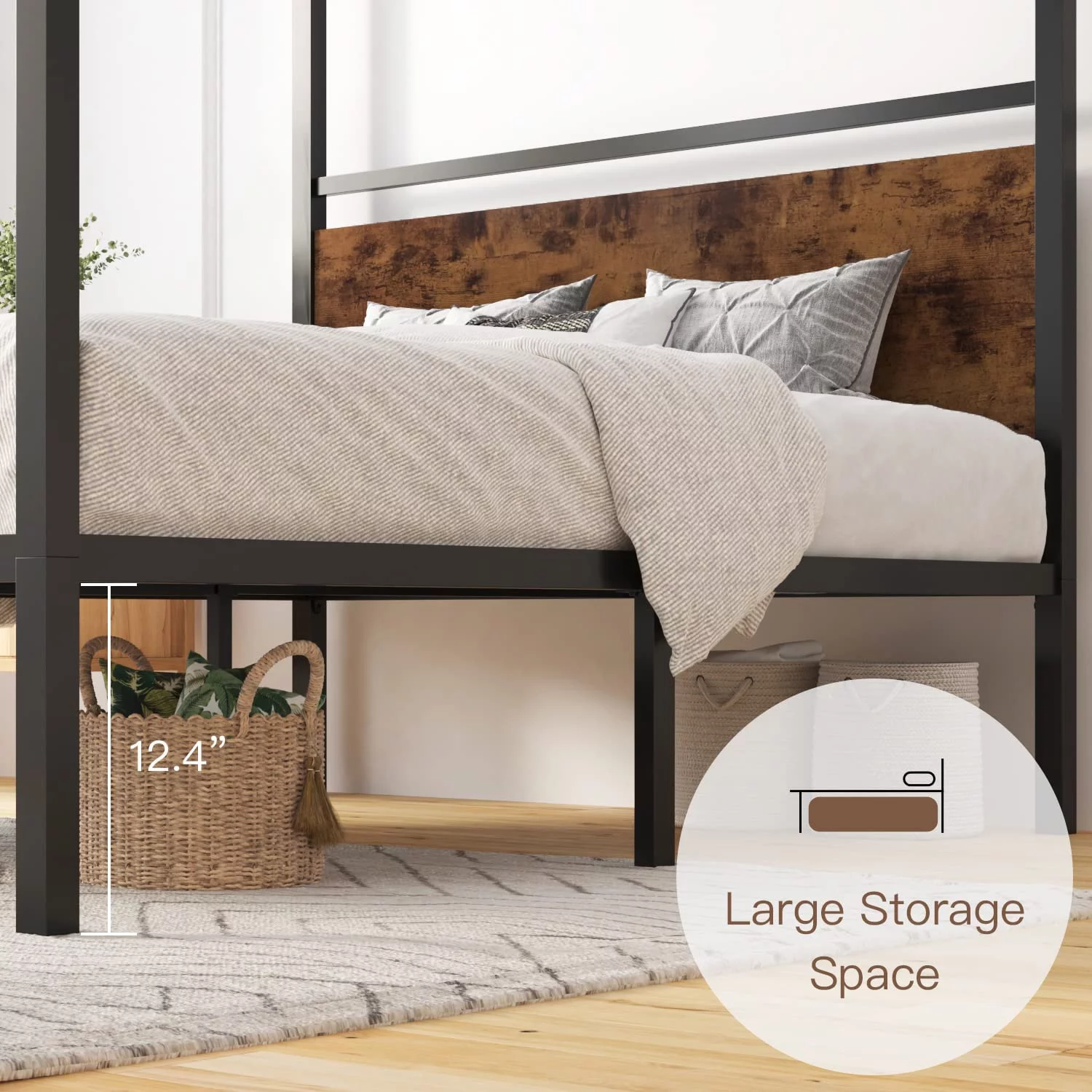 ikalido Queen Size Metal Canopy Bed Frame with Wooden Headboard  Classic Design Canopy Bed with 4 Sturdy Posters  Noise Free/ No Box Spring Needed/ Industrial Brown