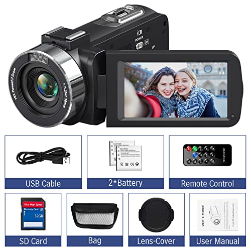 Camcorder Video Camera 4K Ultra 48MP with IR Night Vision,18X Digital Zoom Camcorder Recorder 3" 270° Rotation Touch screen Vlogging Camera for YouTube with Remote Control,2 Batteries,32GB SD Card
