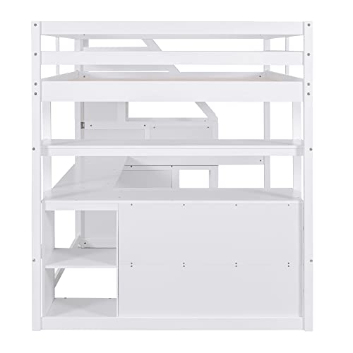 Harper & Bright Designs Twin Loft Bed with Stairs and Desk, Solid Wood Loft Bed Frame with Storage Drawers and Bookshelf for Kids Teens Adults - White