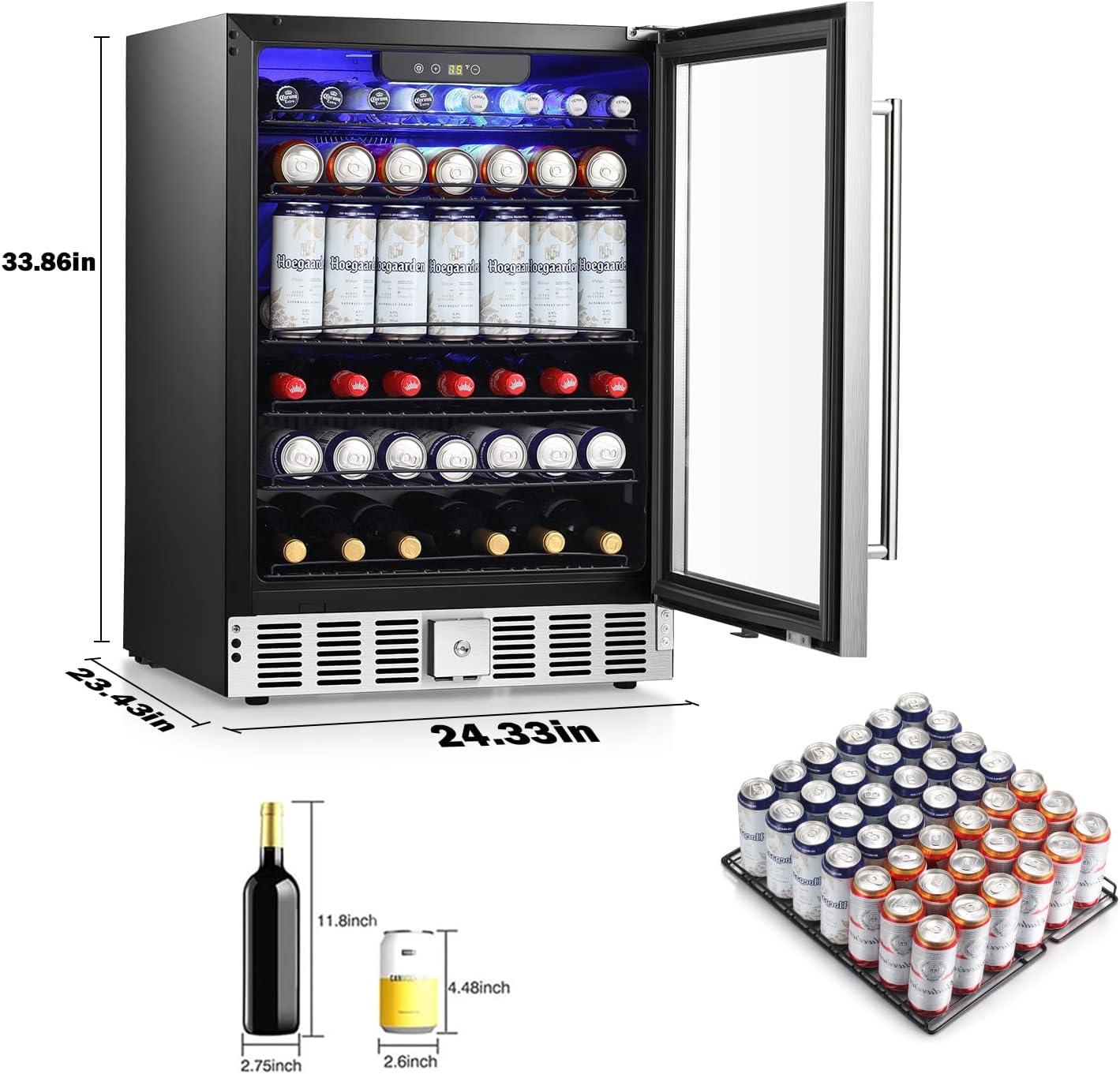 COWSAR Wine Cooler Refrigerator 24inch Wine Fridge Freestanding or Built-in Wine Refrigerator 5.1Cu.Ft Wine Fridge Under Counter Stainless Steel Wine and Beverage Refrigerator with Glass Door