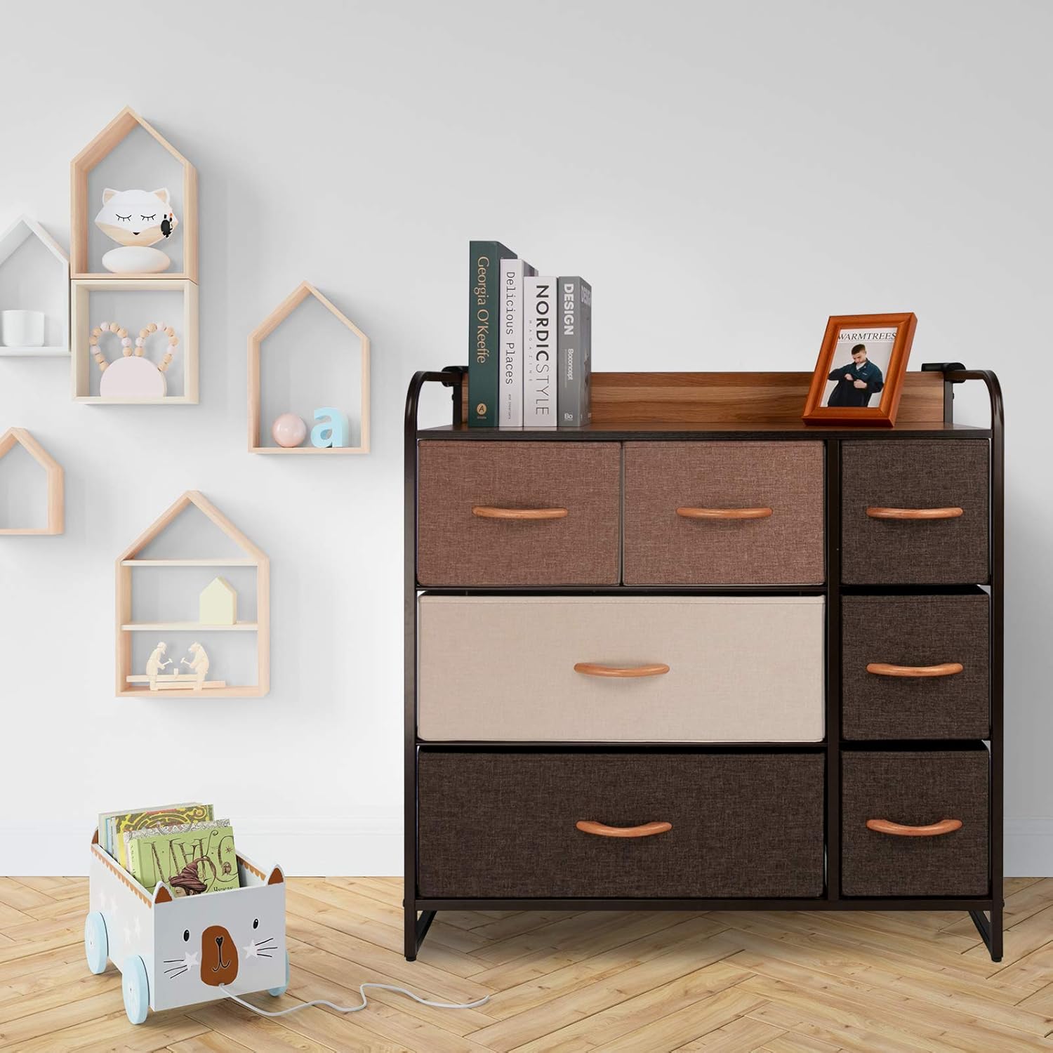 CONNOO Large Storage Dresser Unit, Wide Standing Fabric Dresser Room Organizer Cabinet for Bedroom, Hallway, Entryway, Closet, Nursery, 5 Removable Drawers Storage Tower, Wooden Top & Easy Pull Handle