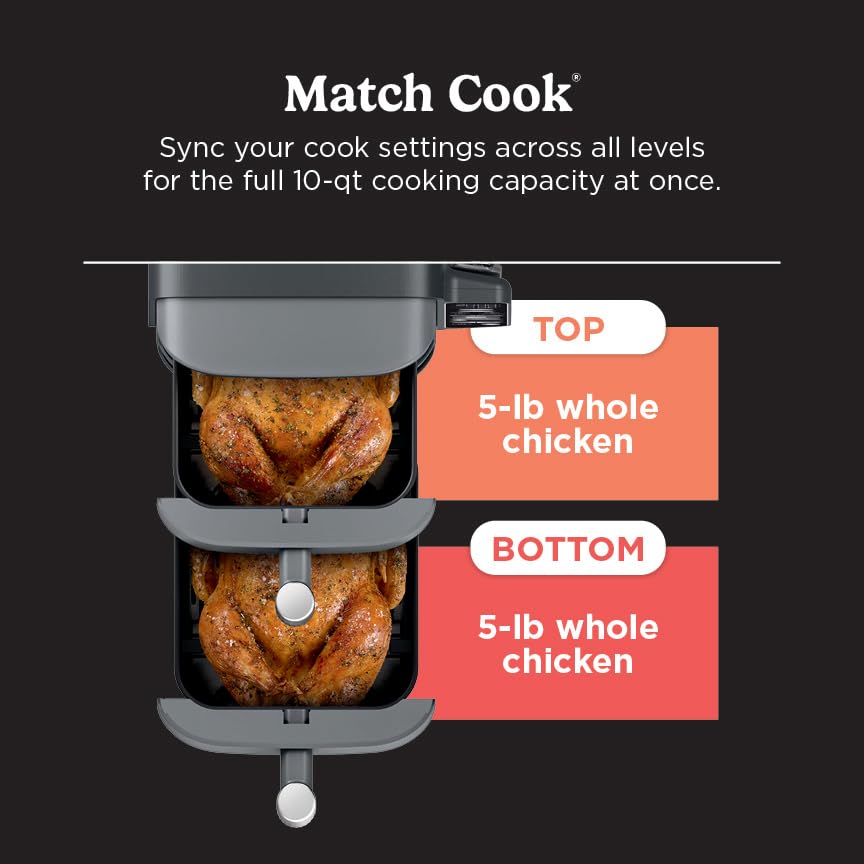 Ninja Air Fryer, 8 QT DoubleStack 2-Basket, Space Saving Design, Cooks 2lb Chicken Wings, Feeds up to 6 People, 6-in1 Air Fryer, Roast, Bake & More, Easy to Clean, Dishwasher Safe Parts, Black, SL201