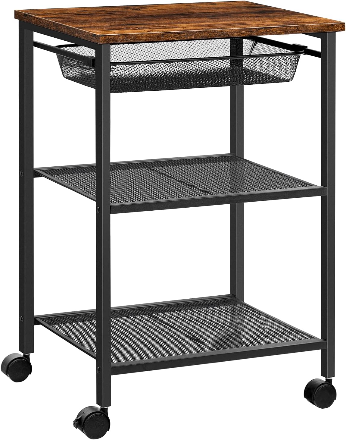 HOOBRO Mobile Printer Stand, 3-Tier Printer Cart with Storage Shelf, Adjustable Metal Mesh Basket, Machine Cart on Wheels, Industrial Style in Home Office, Rustic Brown and Black BF23PS01