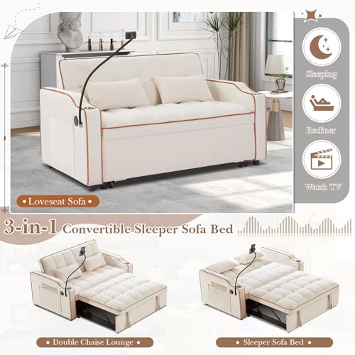 Convertible Sleeper Sofa Bed, 3 in 1 Velvet Pull Out Loveseat Couch Modern Comfy Futon Sofa with Adjustable Backrest & Phone Holder & USB Charging Space Saving for Living Room, Small Apartment, Grey