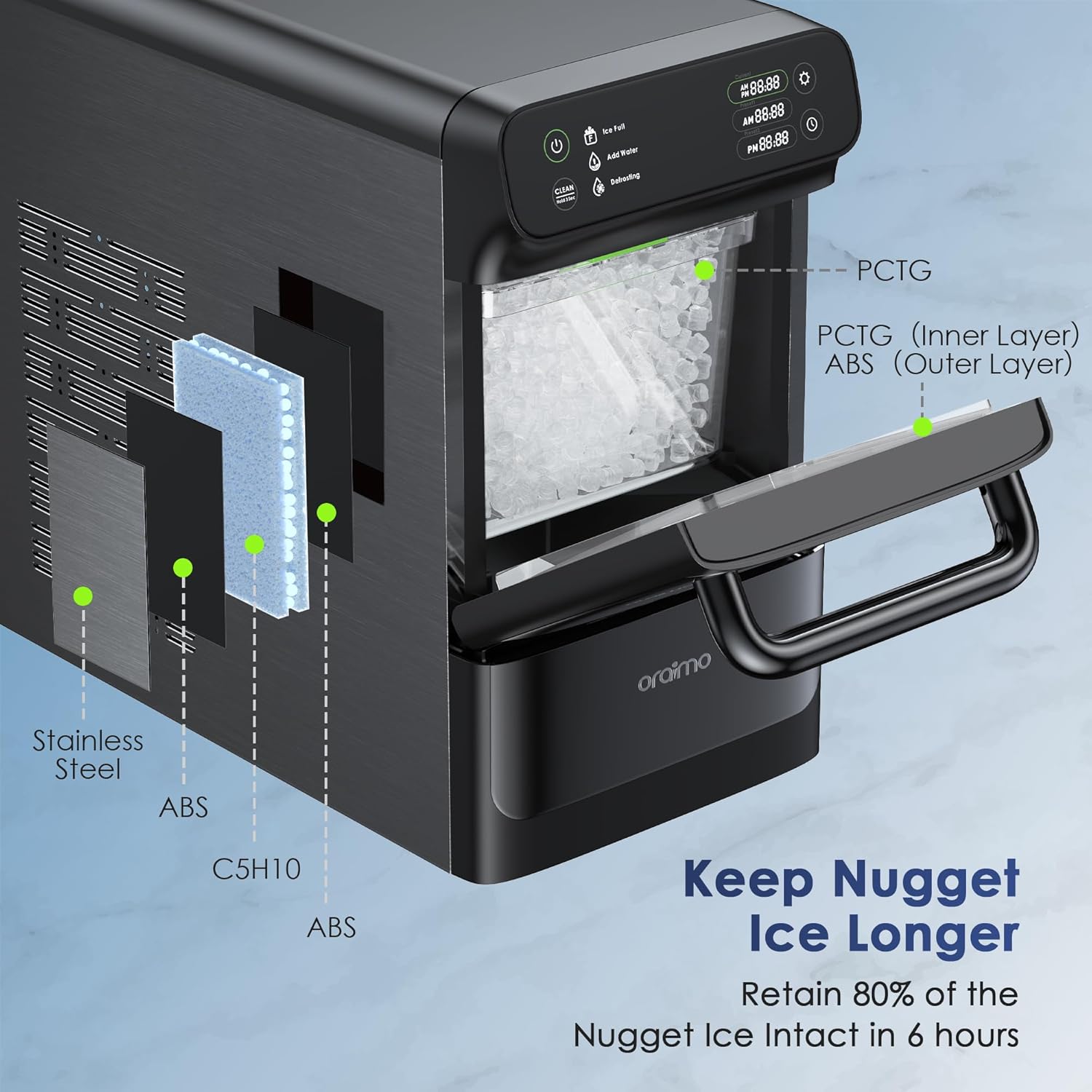 Oraimo Nugget Ice Maker, Ice Makers Countertop, 33 lbs/Day, Time Preset on LED Display, Self-Cleaning & Auto Water Refill, Sonic Pebble Ice Machine