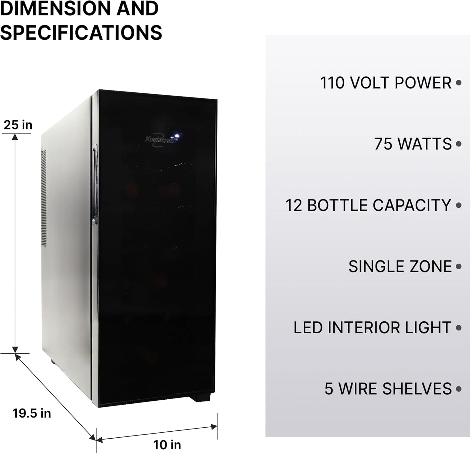 Koolatron 12 Bottle Wine Cooler, Black, Thermoelectric Wine Fridge, 1 cu. ft. (28L), Freestanding Wine Refrigerator, Red, White and Sparkling Wine Storage for Small Kitchen, Apartment, Condo, RV