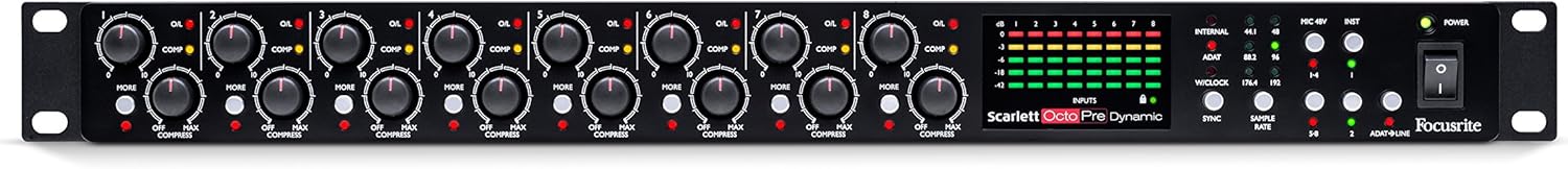Focusrite Scarlett OctoPre Dynamic 8-Channel Mic Pre Expansion with Analog Compression, 8 In/8 Out, Red