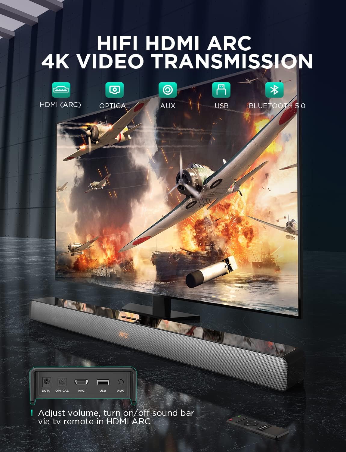Sound Bars for TV Speaker 100W, 3D Surround Audio, HiFi Dynamic Sound with Enhanced Bass, Bluetooth Speaker Works with Smart/4K TV/CEC Remote/HDMI ARC/Optical/AUX/PC/Wall Mounted Speaker