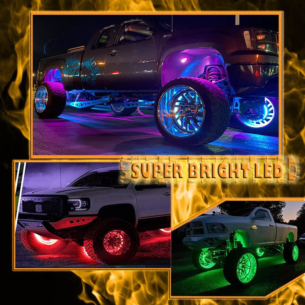 15.5IN RGB LED Wheel Light Kit-4PCS Single Row,Multicolor/waterproof,with Lock Function w/Turn Signal/Braking Functionand Can Controlled by Remote/app,Applicable to all trucks.SUVs