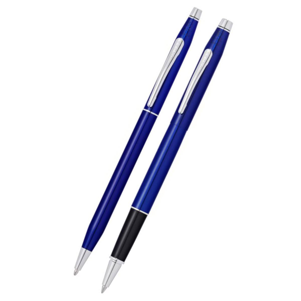 Cross Classic Century Translucent Blue Lacquer Ballpoint and Rollerball Pen Set
