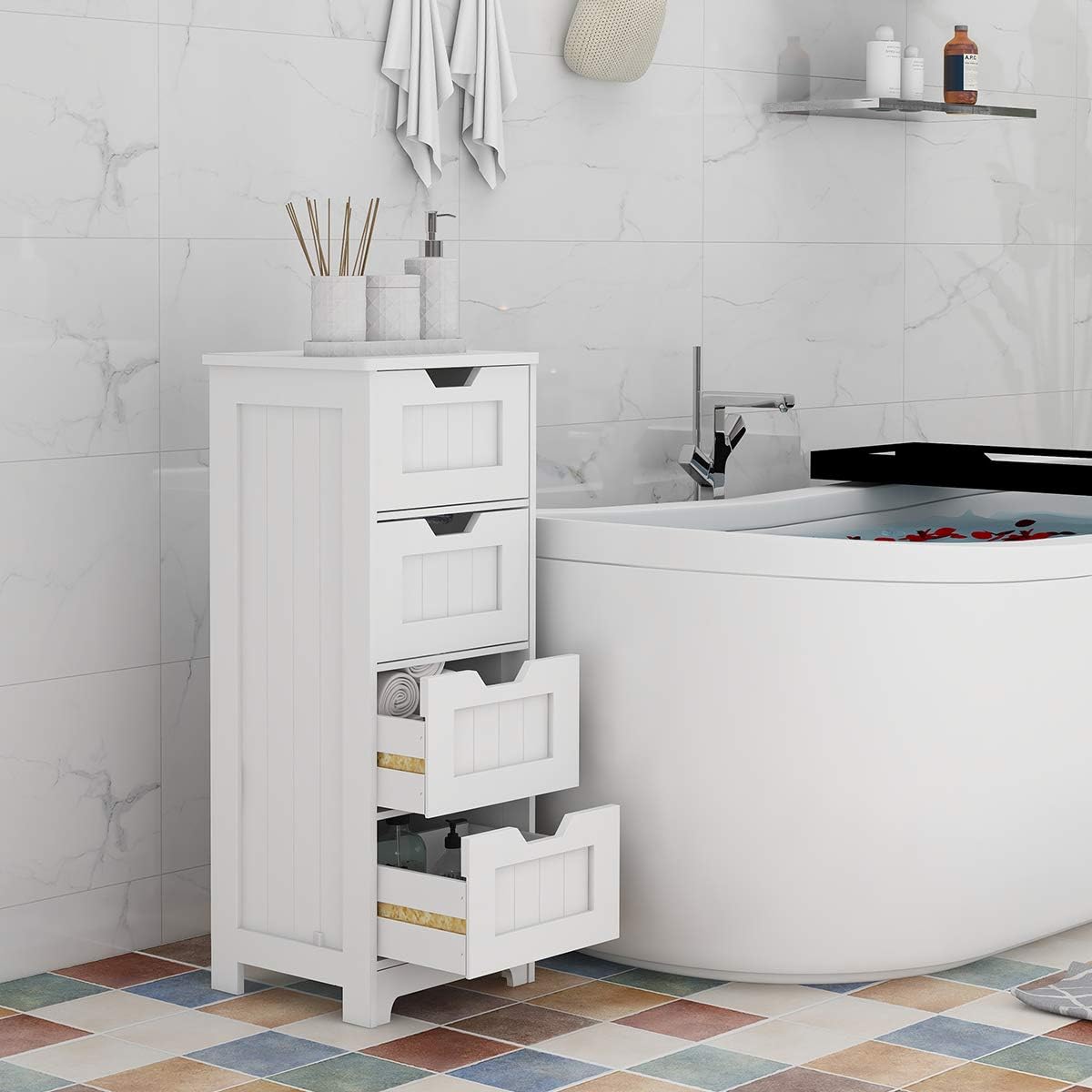 Bathroom Floor Cabinet RASOO White Freestanding Storage Organizer Cabinet with 4 Drawers for Bathroom, Living Room, Kitchen, 11.81x11.81x32.68(LxWxH)