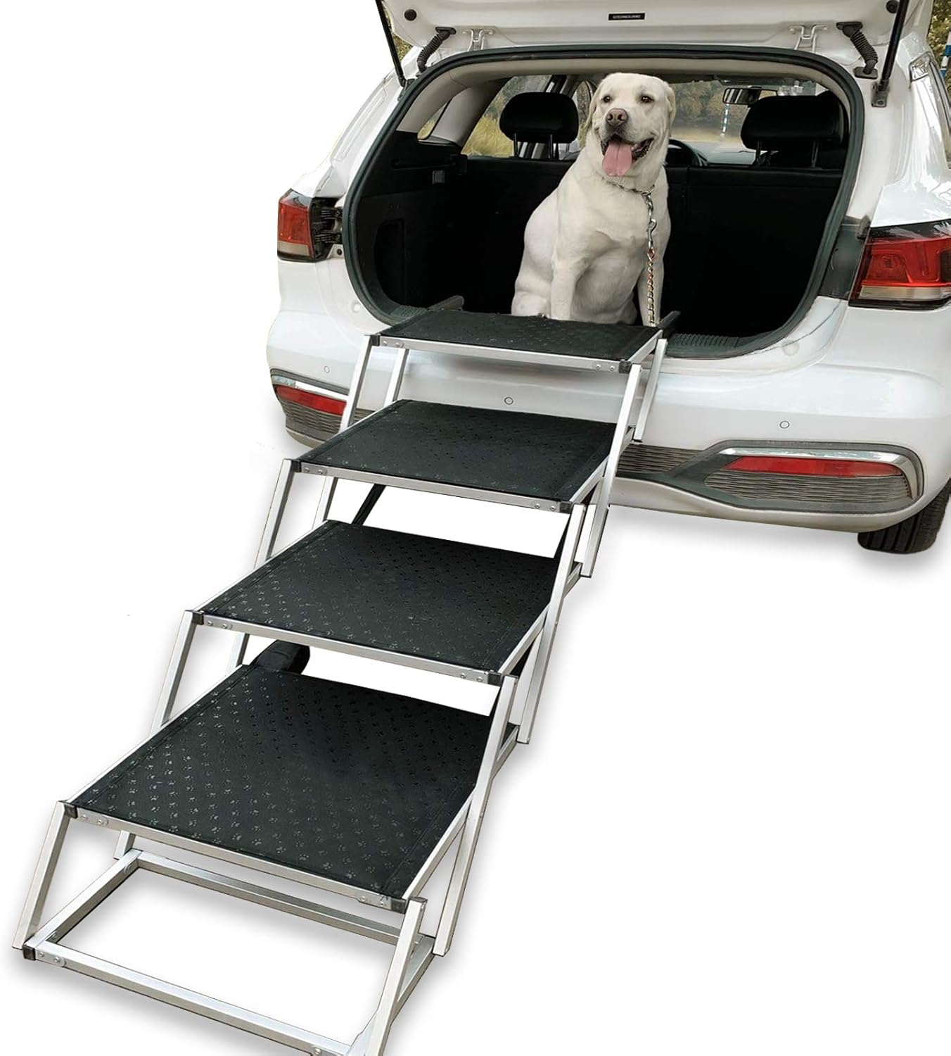 Widen Foldable Dog Car Stairs, Aluminum Frame 4 Steps Portable &Lightweight Pet Stairs, The Widest and Deepest Ladder on The Market, Nonslip Pet Ramp for Cars, Trucks and SUVs, Support 150 to 200 lbs
